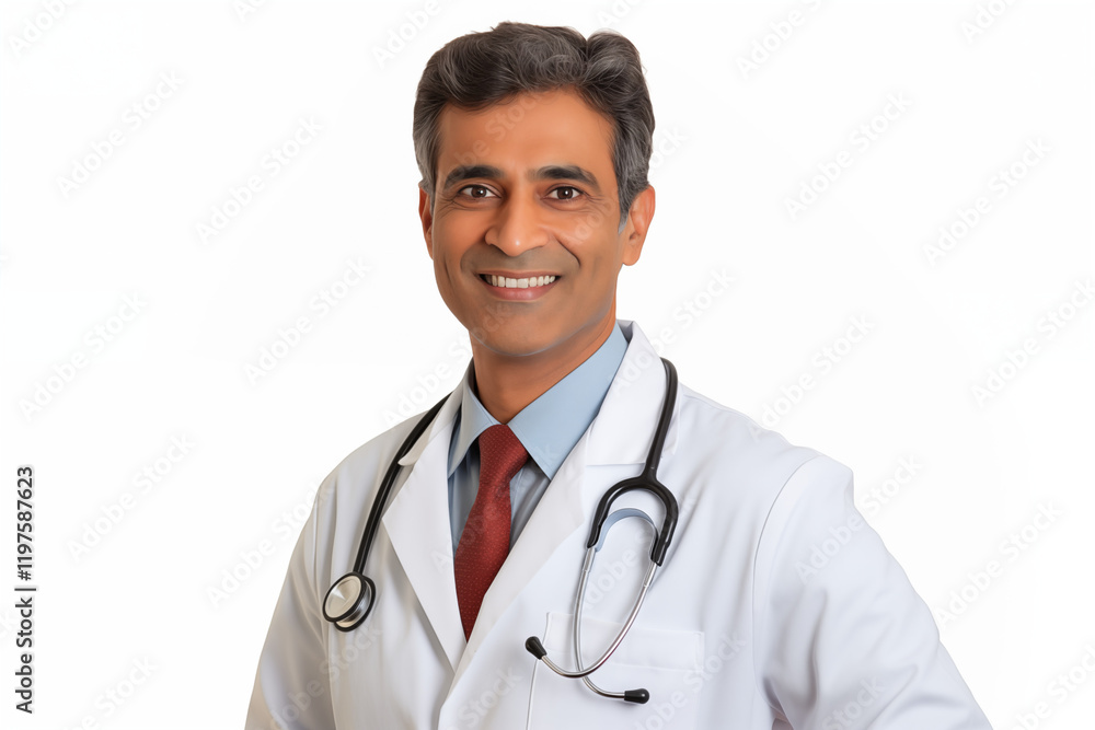 Smiling Indian doctor in medical uniform with stethoscope on white background, portrait of healthcare professional, confident and friendly physician in hospital or clinic, medical expertise, Indian he Smiling Indian doctor in medical uniform with stethoscope on white background, portrait of healthcare professional, confident and friendly physician in hospital or clinic, medical expertise, Indian he