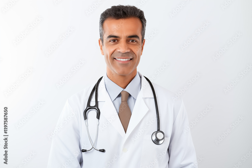 Smiling Indian doctor in medical uniform with stethoscope on white background, portrait of healthcare professional, confident and friendly physician in hospital or clinic, medical expertise, Indian he Smiling Indian doctor in medical uniform with stethoscope on white background, portrait of healthcare professional, confident and friendly physician in hospital or clinic, medical expertise, Indian he