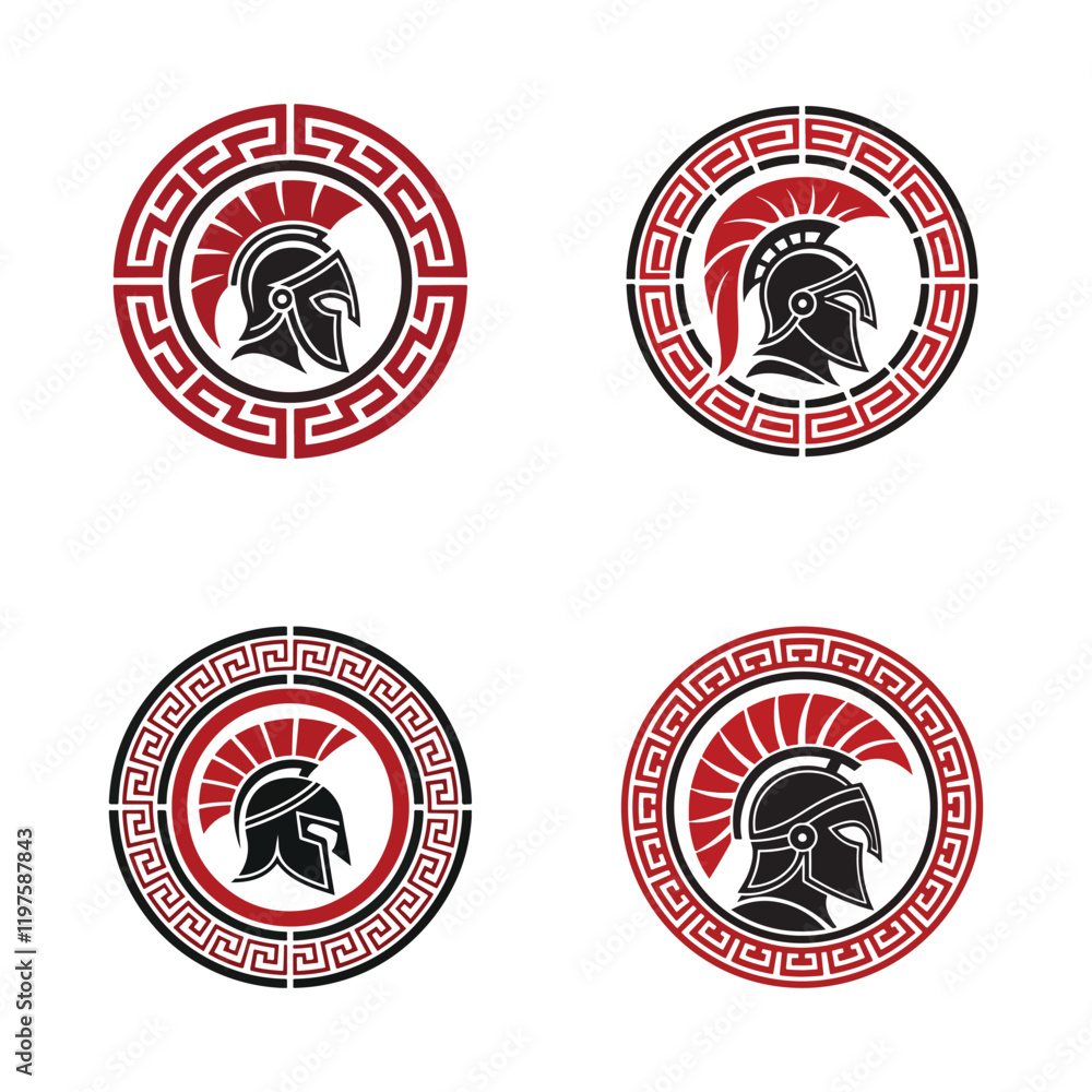 Four Spartan Helmet Logos in Greek Key Pattern Four Spartan Helmet Logos in Greek Key Pattern