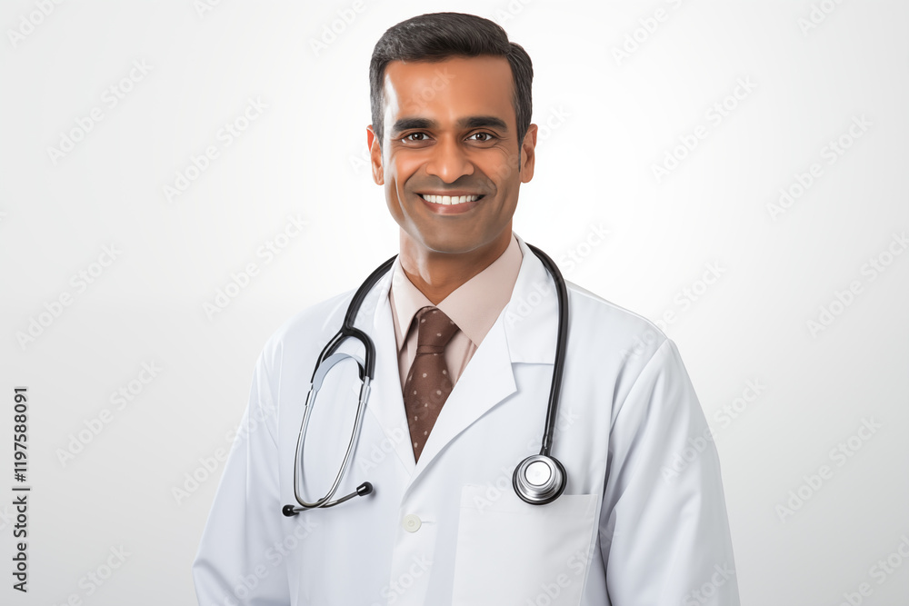 Smiling Indian doctor in medical uniform with stethoscope on white background, portrait of healthcare professional, confident and friendly physician in hospital or clinic, medical expertise, Indian he Smiling Indian doctor in medical uniform with stethoscope on white background, portrait of healthcare professional, confident and friendly physician in hospital or clinic, medical expertise, Indian he