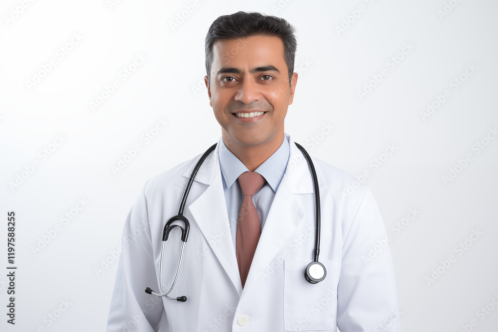 Smiling Indian doctor in medical uniform with stethoscope on white background, portrait of healthcare professional, confident and friendly physician in hospital or clinic, medical expertise, Indian he Smiling Indian doctor in medical uniform with stethoscope on white background, portrait of healthcare professional, confident and friendly physician in hospital or clinic, medical expertise, Indian he