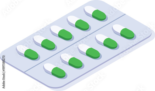 Blister pack containing green and white capsules lying on a white surface, representing pharmaceutical products, medication, healthcare, and treatment of diseases