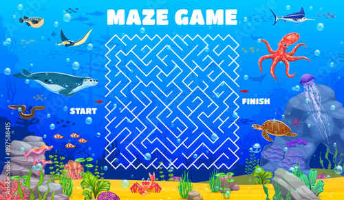 Sea labyrinth maze game, help to fur seal find a fish shoal. Labyrinth game riddle, search path quiz vector worksheet with fur seal, octopus, jellyfish and marlin swordfish, turtle, eel, puffer fish