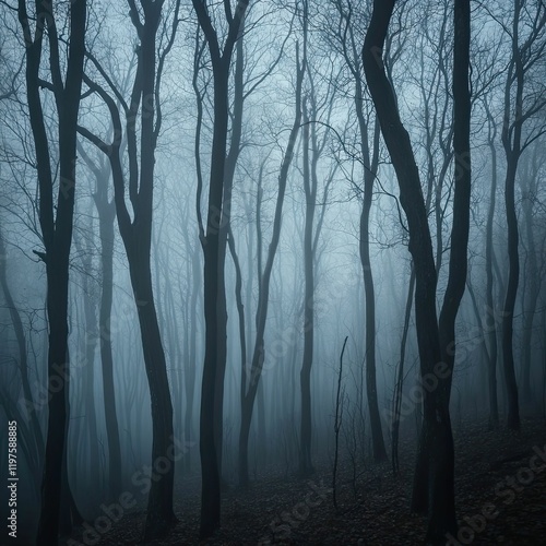 Misty, dark forest; bare, tall trees.