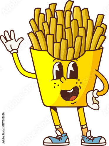 Groovy fast food French fries retro cartoon character with happy smile, vector emoji. Groovy potato fries with funny face and Hi gesture fast food snacks or kids menu character in retro cartoon