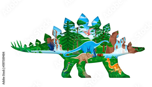 Prehistoric paper cut stegosaurus dinosaur silhouette. Extinct reptile paper cut vector banner with haplocanthosaurus, centrosaurus, corythosaurus and argentavis, pteranodon, hypacrosaurus dinosaurs