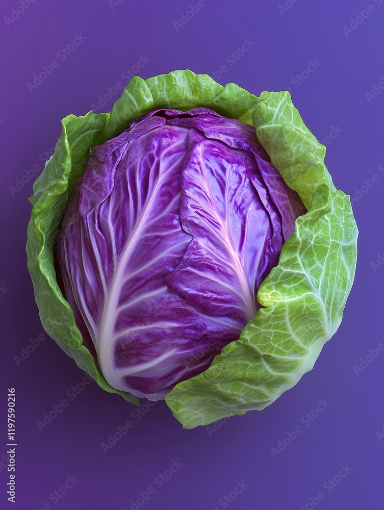 Obraz premium Vibrant purple cabbage surrounded by green leaves on a colorful background.