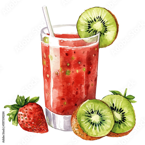 A watercolor vector of a glass of strawberry kiwi juice, isolated on a white background. Strawberry kiwi juice vector.
