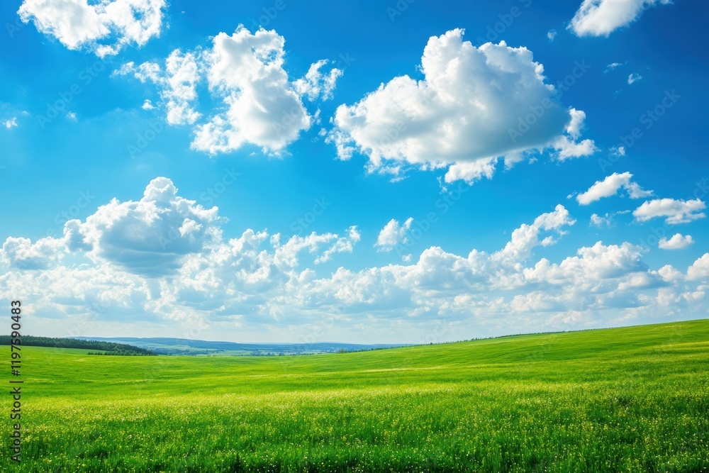 Bright green landscape under a clear blue sky with fluffy clouds and open space for creative text placement. Generative AI Bright green landscape under a clear blue sky with fluffy clouds and open space for creative text placement. Generative AI