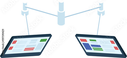 Two digital tablets displaying marketing data analysis are hanging from a central pole, representing a modern and connected approach to data visualization and business decision making