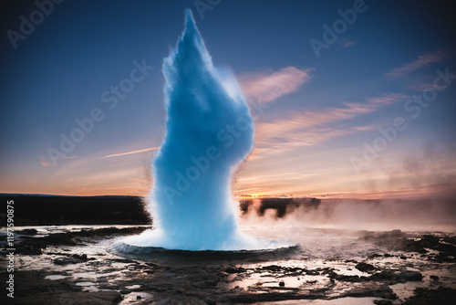 Strokkur Geysir eruption at sunset in south Iceland, Haukadalur valley photo