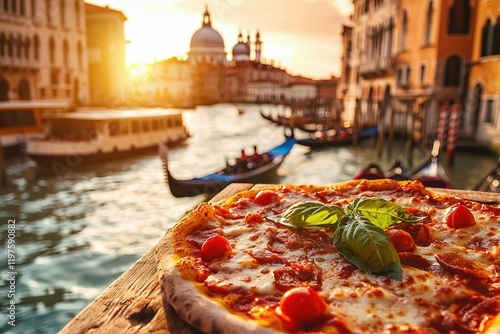 Freshly made pizza on a rustic table with the Grand Canal in Venice at sunset photo