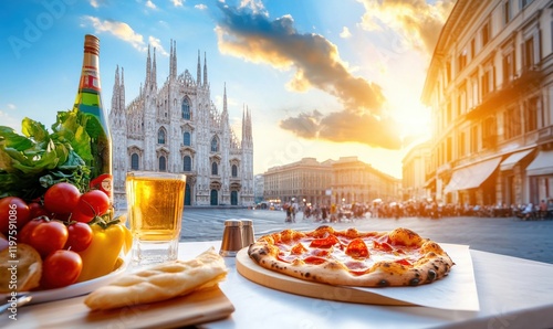 Delicious pizza at sunset with view of Duomo di Milano in Milan, Italy