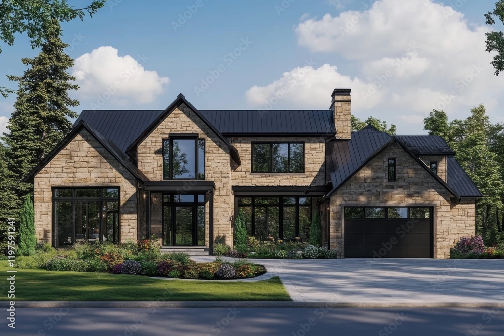 Modern stone house with large windows and a beautifully landscaped yard in a serene neighborhood setting under a bright blue sky Modern stone house with large windows and a beautifully landscaped yard in a serene neighborhood setting under a bright blue sky
