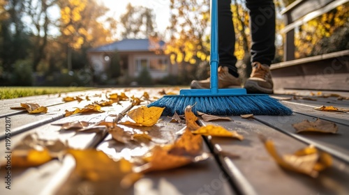 Fototapeta Naklejka Na Ścianę i Meble -  Broom sweeps fallen leaves on wooden deck during autumn afternoon