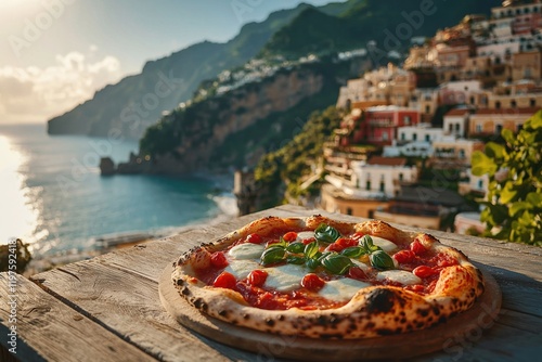 Rustic pizza topped with fresh mozzarella and basil overlooking the stunning Amalfi Coast at sunset
