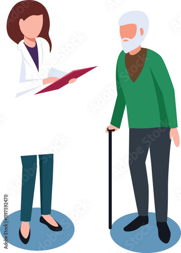 Doctor holding a clipboard while explaining a diagnosis to an elderly patient using a walking stick, highlighting the importance of communication in healthcare and medical treatment
