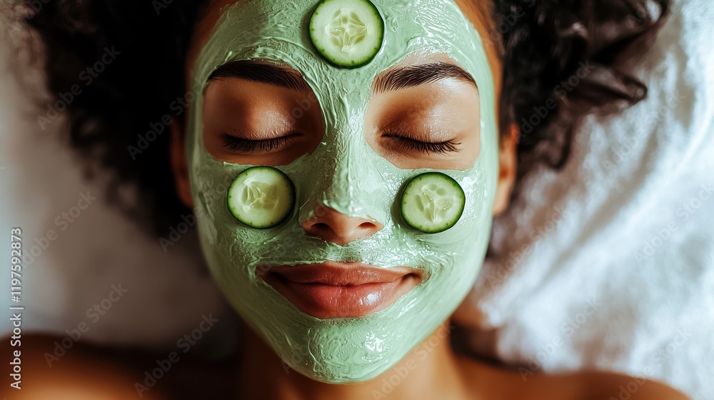 Close-up of a woman with a cucumber and mint mask, relaxing in a bright, modern spa environment.. Close-up of a woman with a cucumber and mint mask, relaxing in a bright, modern spa environment..