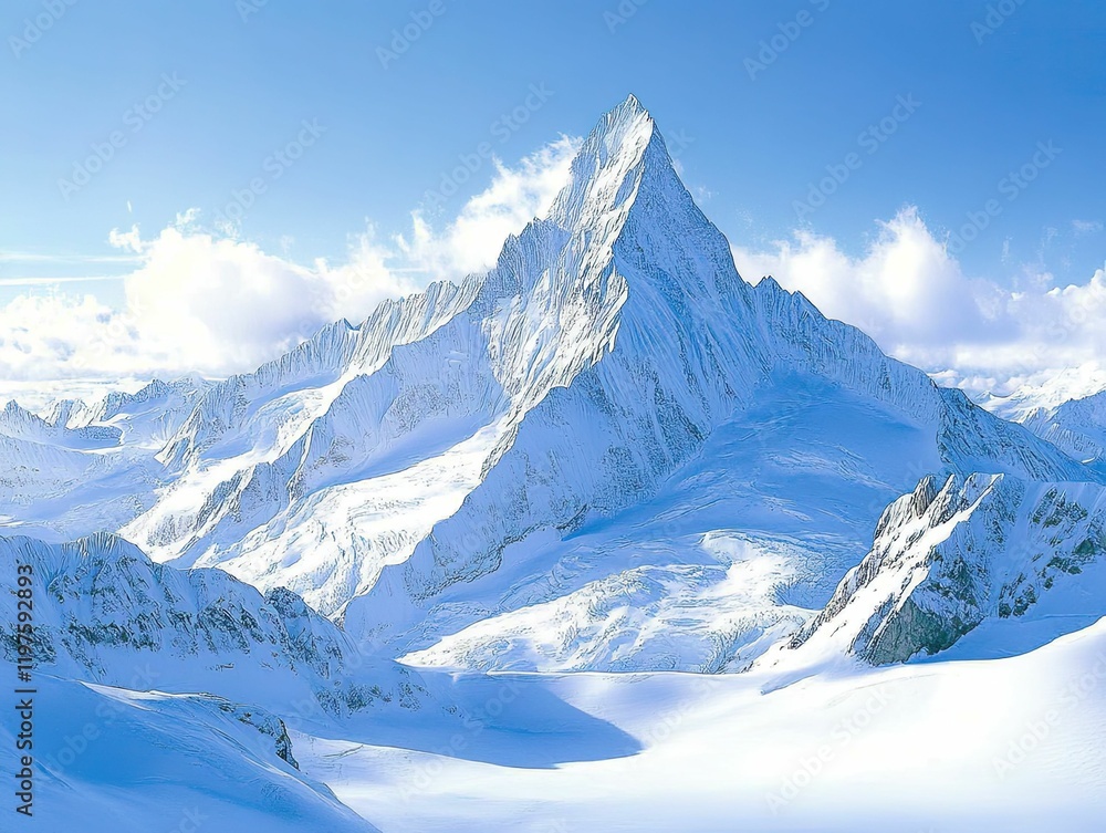 Fototapeta premium Snowy mountain range, clear blue sky.