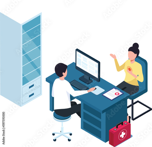 Doctor is sitting at his desk with a computer, listening to a female patient describing her chest pain, in a medical office with a first aid kit