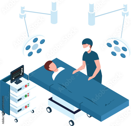 Surgeon wearing surgical mask and cap standing next to patient lying on operating table in operating room, getting ready for surgery under bright surgical lights, with medical equipment nearby