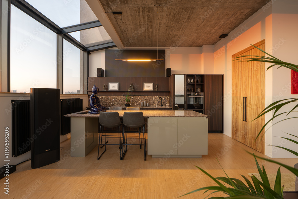 A Modern Kitchen Interior Featuring an Open Layout Combined with a Stunning City View A Modern Kitchen Interior Featuring an Open Layout Combined with a Stunning City View