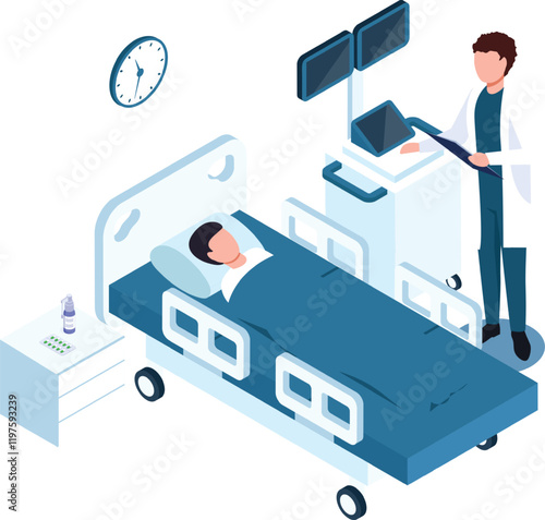 Doctor using medical equipment while patient lying in bed, healthcare professional monitoring vital signs, providing medical assistance, isometric view of hospital room