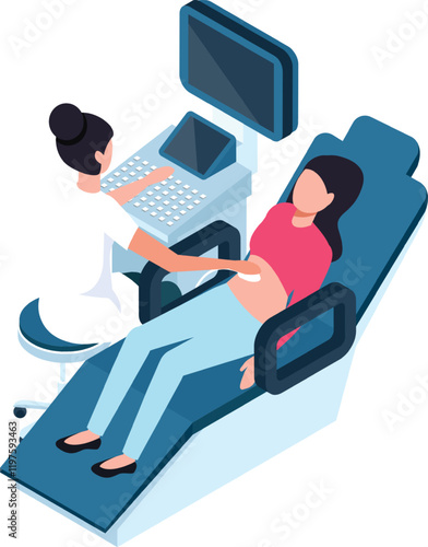 Female doctor using ultrasound scanner to examine pregnant woman lying on examination table, medical examination during pregnancy, healthcare and diagnostics concept