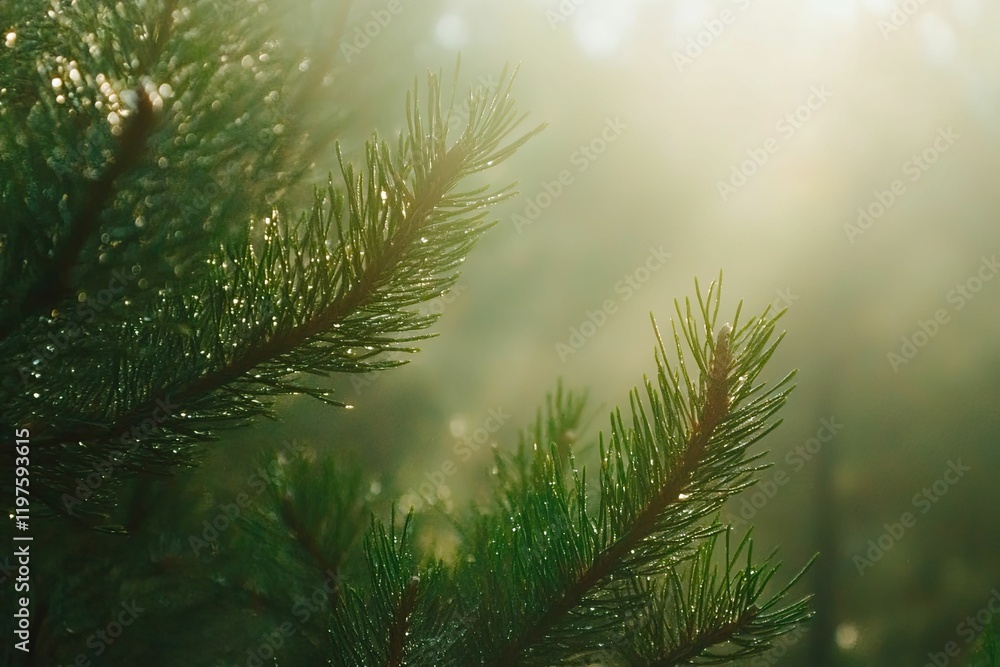 Obraz premium Dew-covered pine branches, sunlit forest.