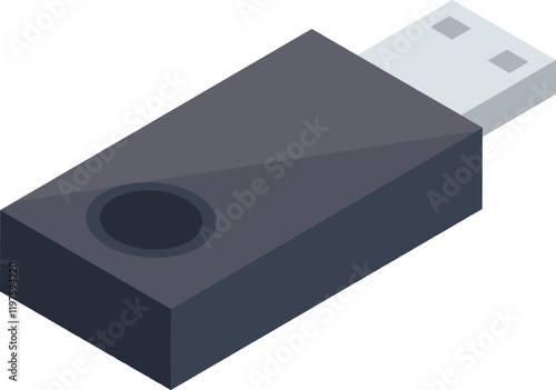 Gray USB flash drive with key ring hole, useful for storing and transferring data, shown in isometric view, creating a modern and practical image