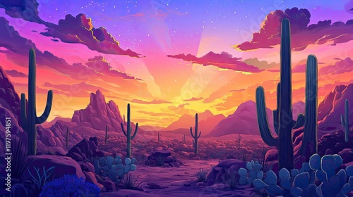 Sunset desert landscape, cacti, vibrant colors.