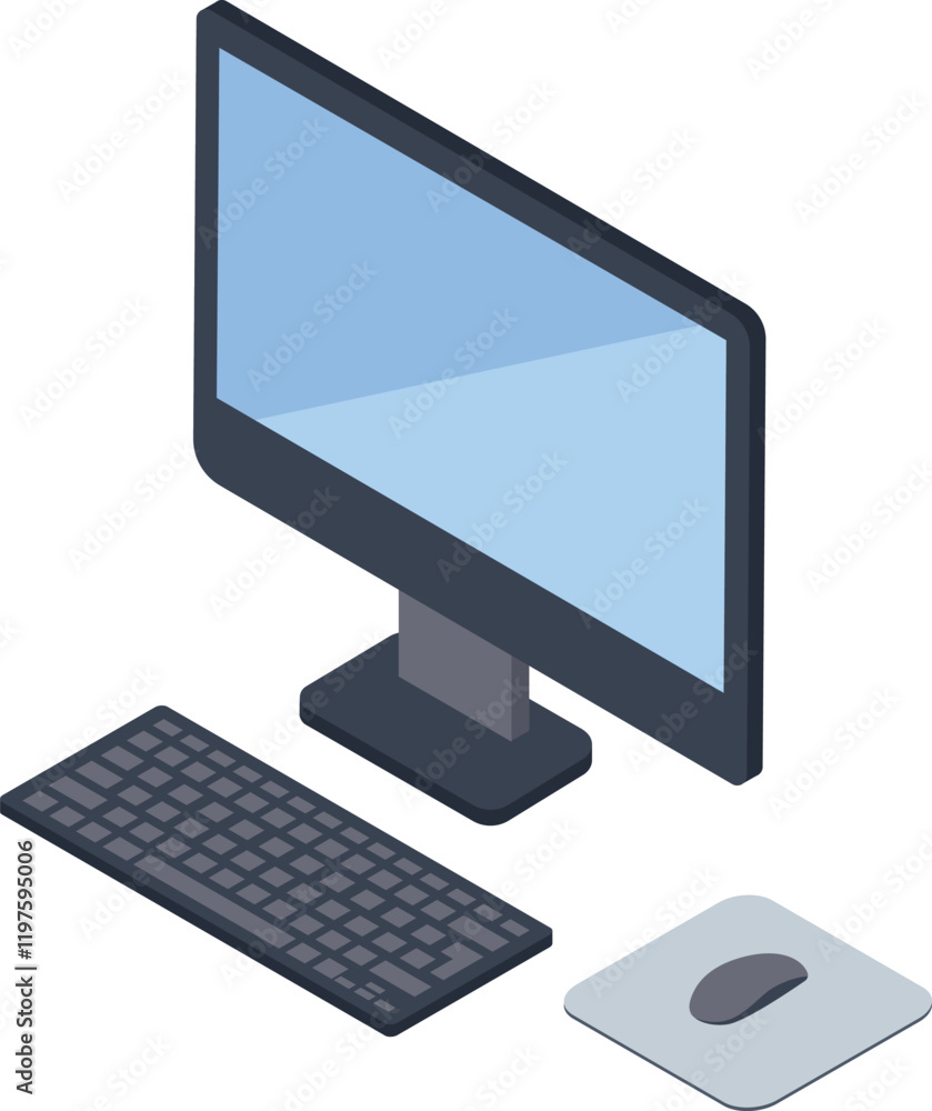 Isometric view of a desktop computer setup, featuring a monitor, keyboard, and mouse on a mousepad, representing modern workplace technology and digital productivity Isometric view of a desktop computer setup, featuring a monitor, keyboard, and mouse on a mousepad, representing modern workplace technology and digital productivity