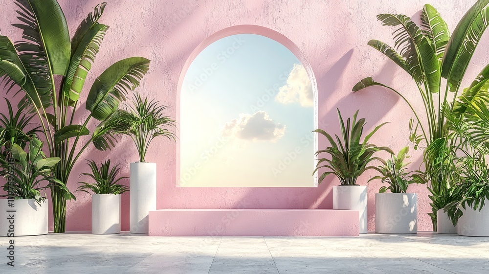 Fototapeta premium Pink Paradise: Tropical Plants Frame a Pink Archway with a View: A serene and stylish scene featuring lush tropical plants flanking a pink arched doorway, revealing a tranquil sky beyond.