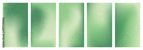 Collection of soft green colored gradient backgrounds in blur aura effect. Spring wallpaper covers for digital designs, presentations, creative projects.