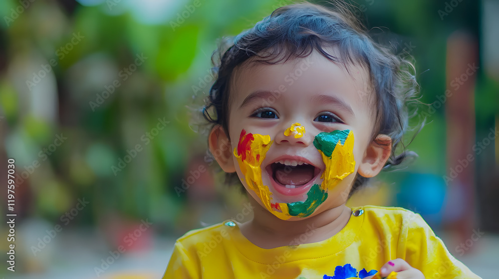 A joyful toddler with a face painted in vibrant colors, laughs brightly against a blurred green background. The image captures the child's pure happiness and playful spirit.
