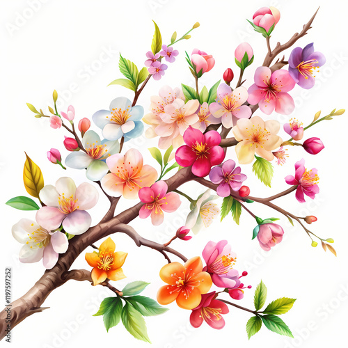Vibrant Spring Blossom Branch Watercolor Painting Floral Design red art pink tree white fresh bloom 