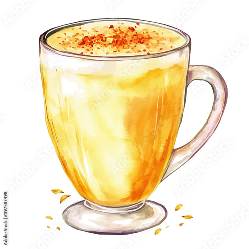 A watercolor of a saffron latte, isolated on a white background. Saffron latte vector.
