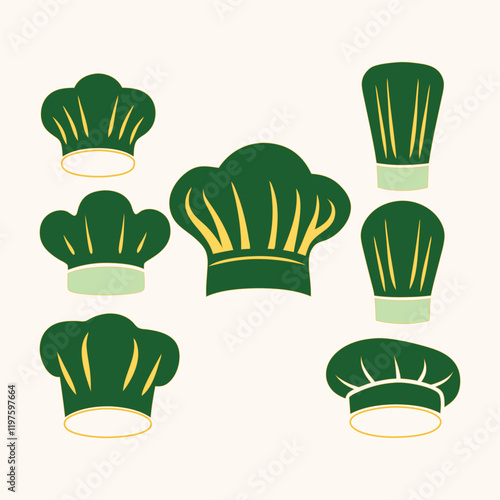 This image features a collection of chef hats and kitchen utensils, outlined in a warm, terracotta color, against a light beige background.