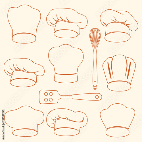 This image features a collection of chef hats and kitchen utensils, outlined in a warm, terracotta color, against a light beige background.