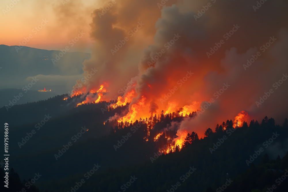Fototapeta premium A wildfire consuming a dense forest, with glowing embers and a thick cloud of smoke filling the air, creating a dramatic and cinematic scene