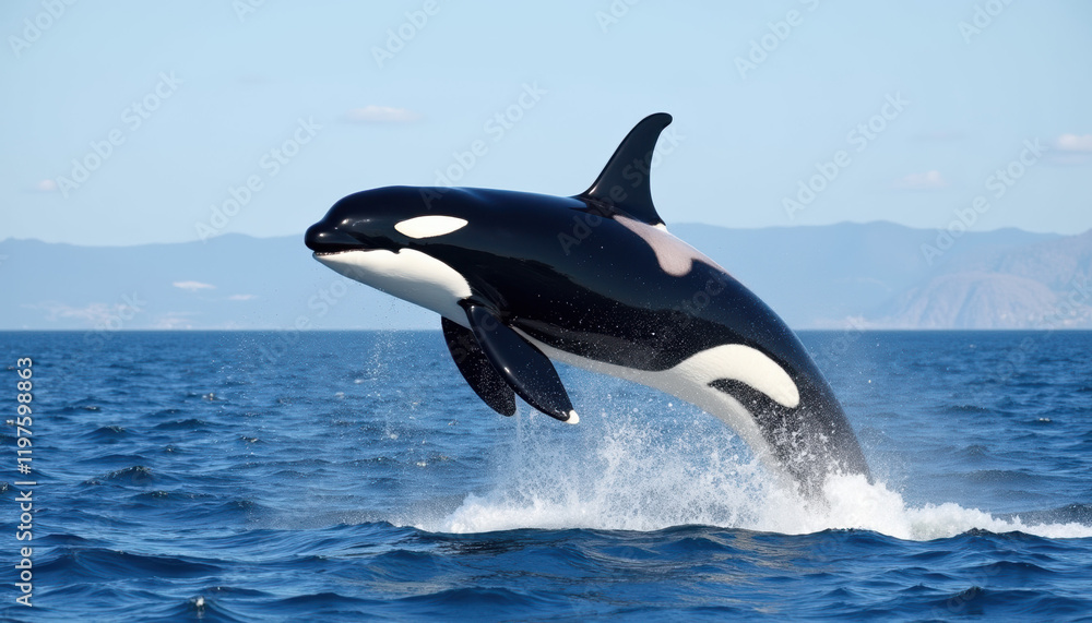 Fototapeta premium A killer whale breaching the water surface in a dynamic jump, symbolizing the celebration of World Whale Day with a joyful splash.