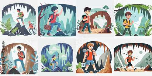 Vector set of a teenager exploring a cave or other natural tourist attraction with a simple and minimalist flat design style, white background