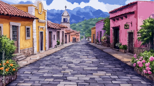 Vibrant, anime-style illustration depicting a quaint village with colorful houses lining a cobblestone street, leading to a church against majestic mountains