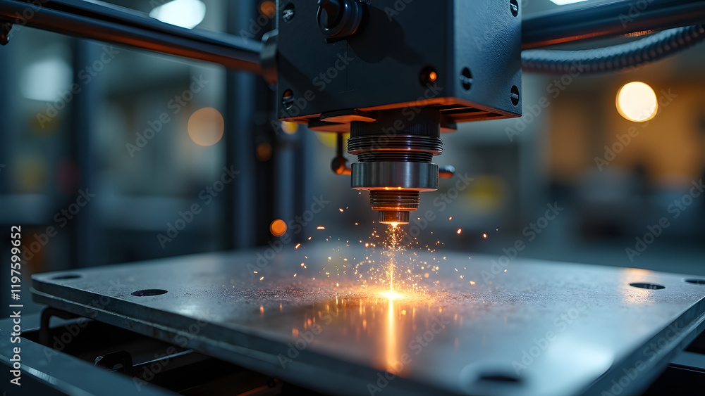 A close-up of a 3D printer creating a metal component in an industrial workshop, showcasing intricate details and sparks flying in a dynamic environment A close-up of a 3D printer creating a metal component in an industrial workshop, showcasing intricate details and sparks flying in a dynamic environment