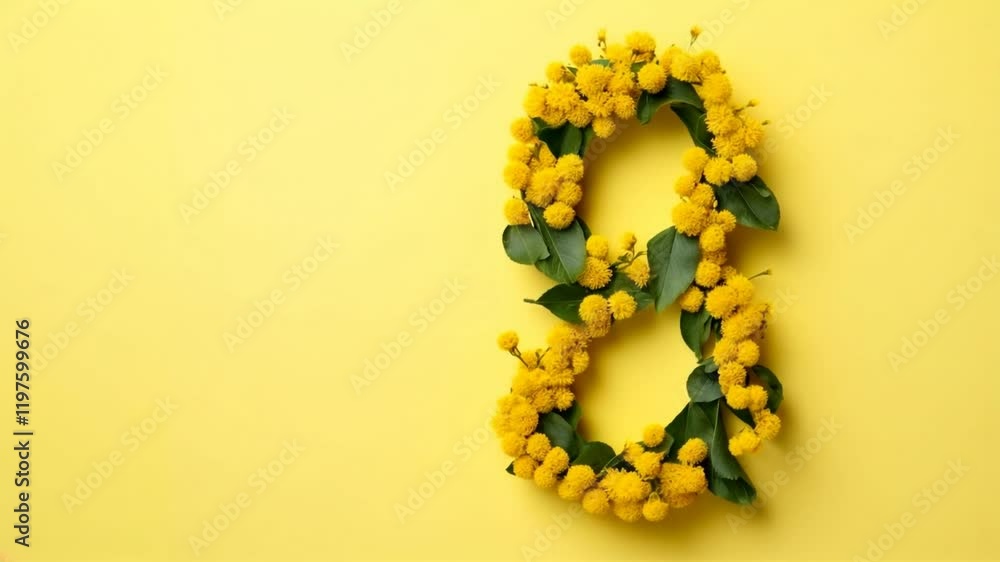 Close-up of a delicately handcrafted mimosa flower composition, a perfect to celebrate women's day. The vibrant colors and intricate detailing make it a thoughtful and beautiful gift.