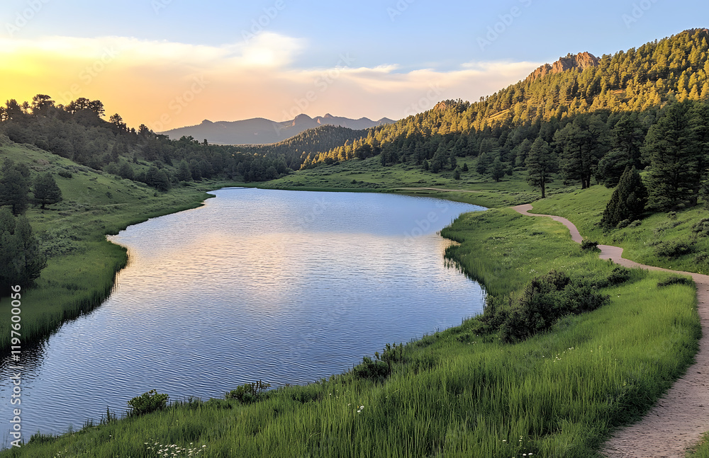 Obraz premium A serene lake nestled in the mountains, reflecting the golden hues of sunset with lush greenery on its shore 2