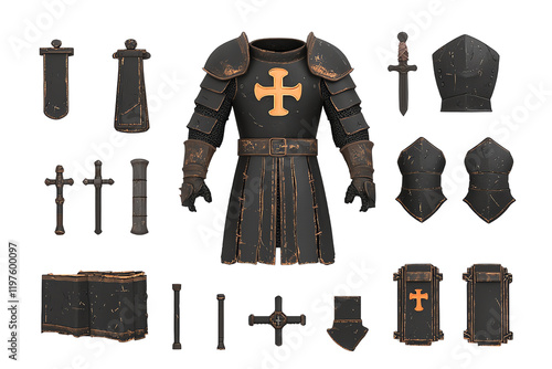 A set of medieval armor featuring a tunic adorned with a cross, complemented by various pieces like shields, swords, and protective gear. photo