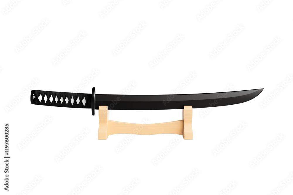 A sleek black sword rests on a wooden stand, showcasing its elegant design and sharp blade. A sleek black sword rests on a wooden stand, showcasing its elegant design and sharp blade.