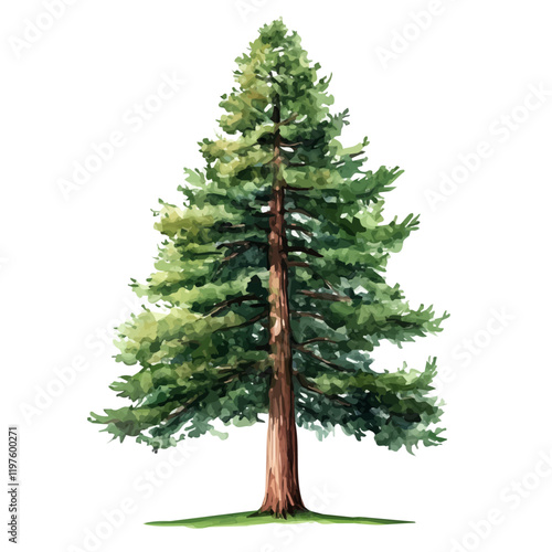 A watercolor of a redwood tree, isolated on a white background. Redwood tree vector.
