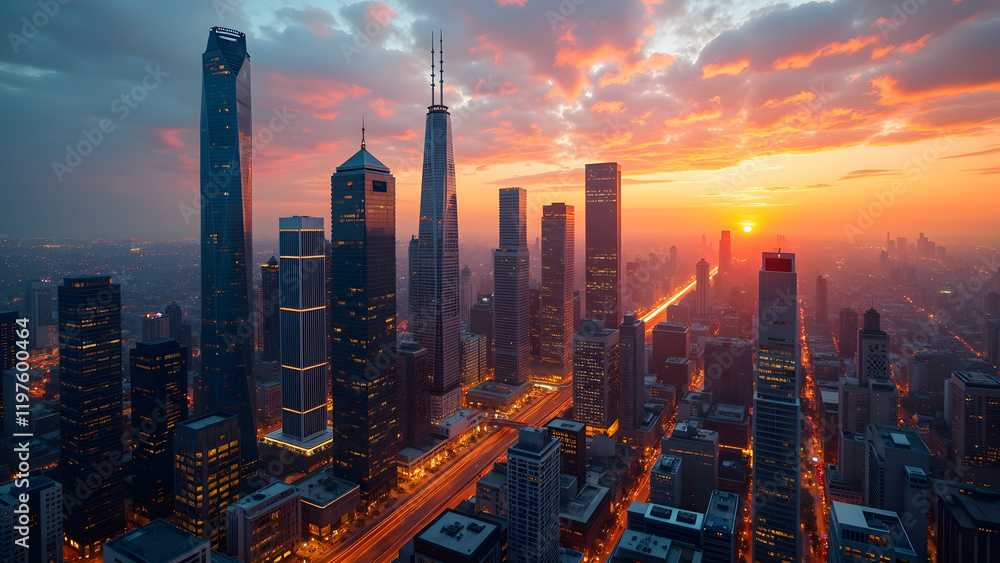 Obraz premium A bustling urban skyline showcases tall skyscrapers against a vibrant sunset, illuminating the financial district with a warm glow and creating a lively atmosphere